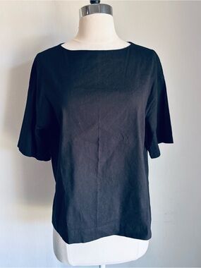 Vince Boatneck Relaxed Fit Short Sleeve Linen Blend Tee, Black Sz XS Minimalist
